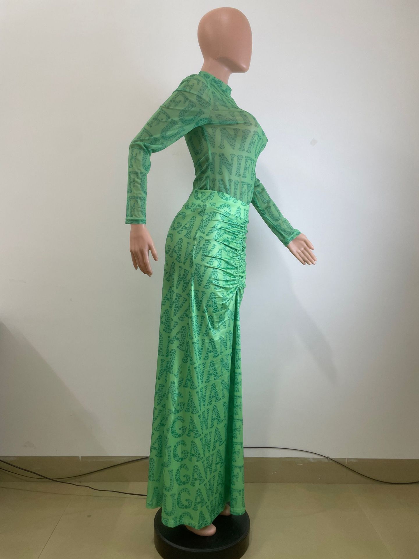 Women Clothing Autumn Winter Mesh Top Pleating Slim Fit Maxi Dress Two Piece Set