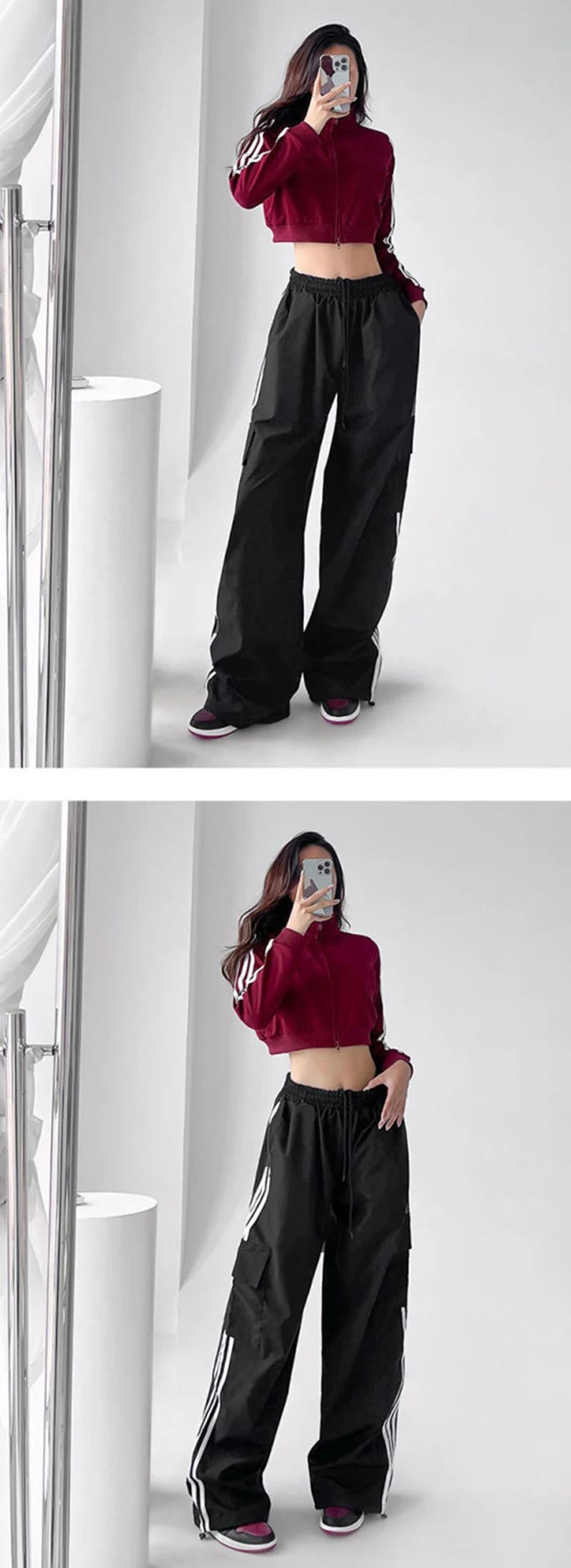 Striped Sweatpants Women Hip Hop Streetwear Baggy Wide Leg Cargo Pants Bf Y2K High Waist Drawstring Joggers Trousers