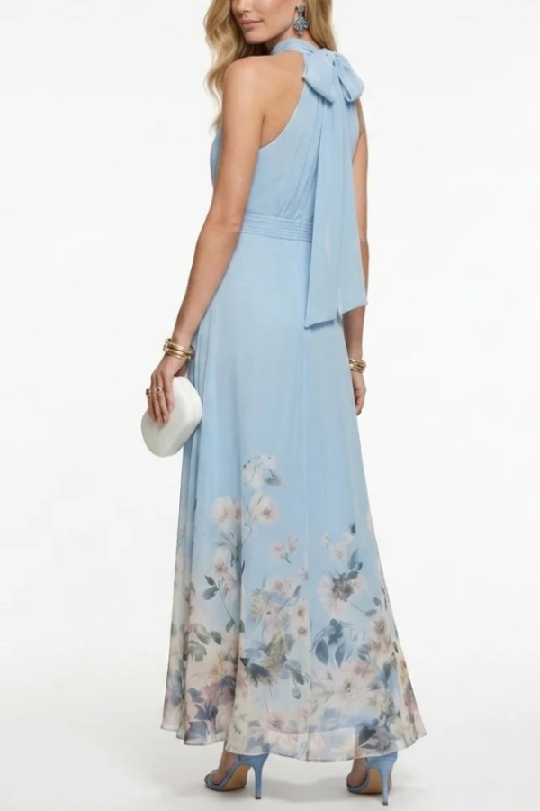 Floral Print Halter Neck Sleeveless Elegant Waist-cinching Maxi Dress