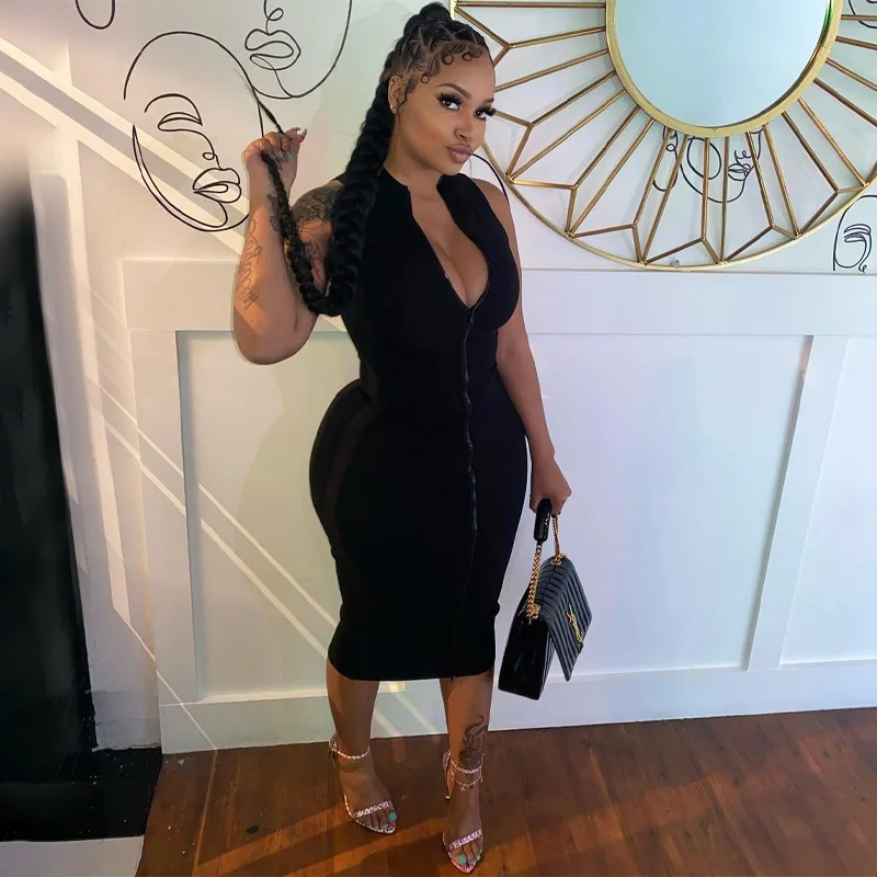 Sexi Night Dress Hot Club Outfits Women One Piece Aesthetic Clothes Sleeveless Bodycon Vestidos De Mujer Zipper Black Streetwear