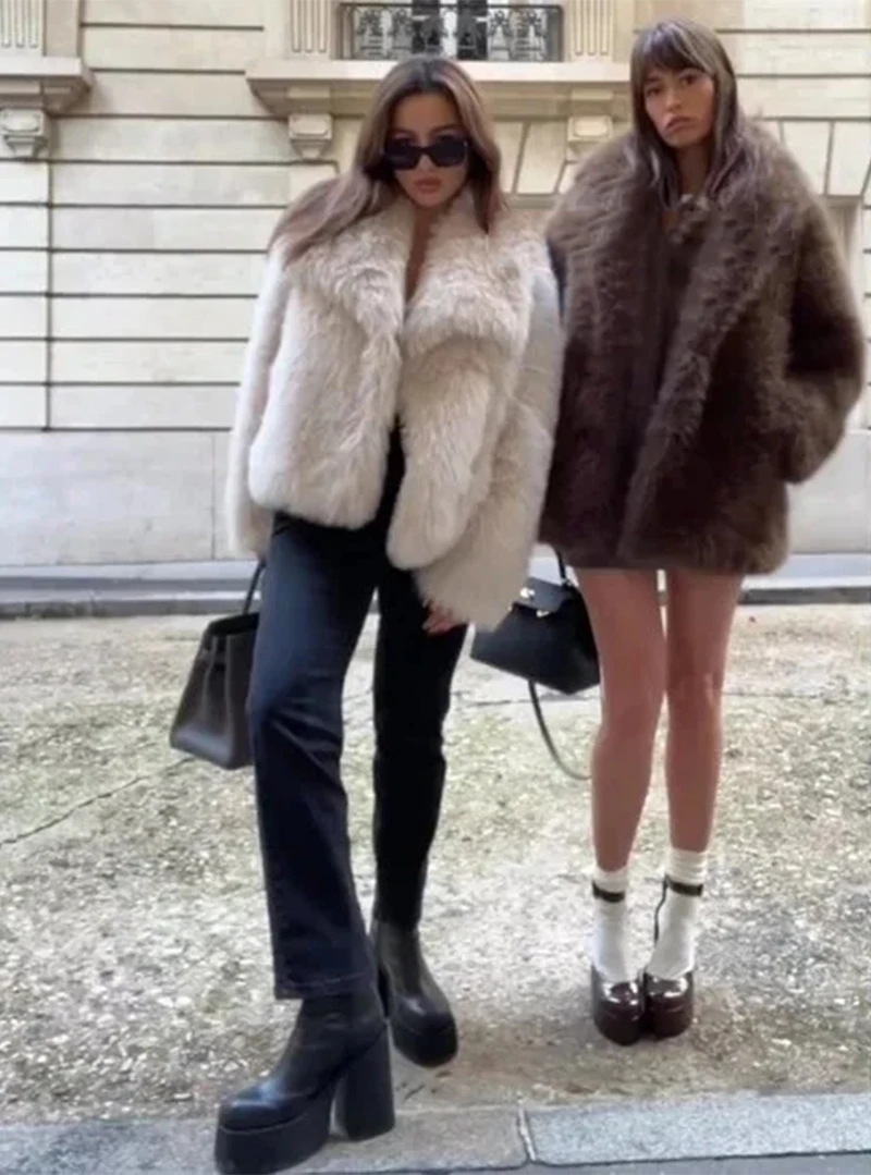Chic Ins Blogger Brand Fashion Fake Fox Fur Jacket Coat Women Winter Luxury Design Big Collar Fur Coats Cool Girls Overcoat