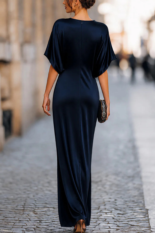 Solid Color Round Neck Short-sleeved Elegant Draped Maxi Dress
