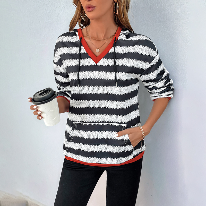 Women Clothing Contrast Color Striped Sweatshirt Autumn Pullover Casual Hooded Top Women