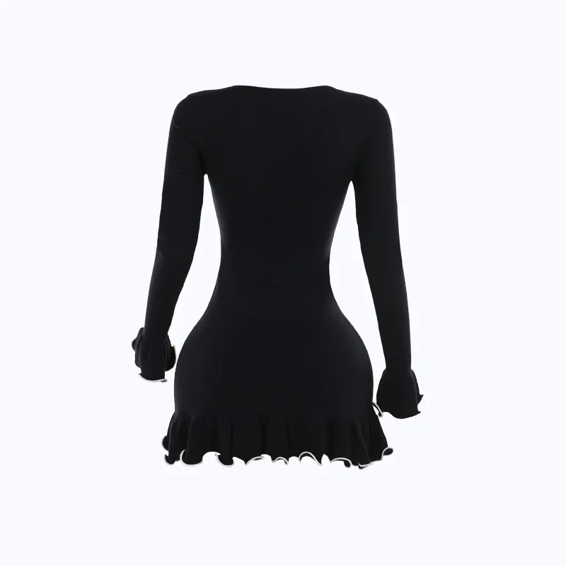 Elegant Long Sleeved Elastic Tight Women Short Skirt Autumn New Wave Roll Wool Dress Fashion Street Evening Dress