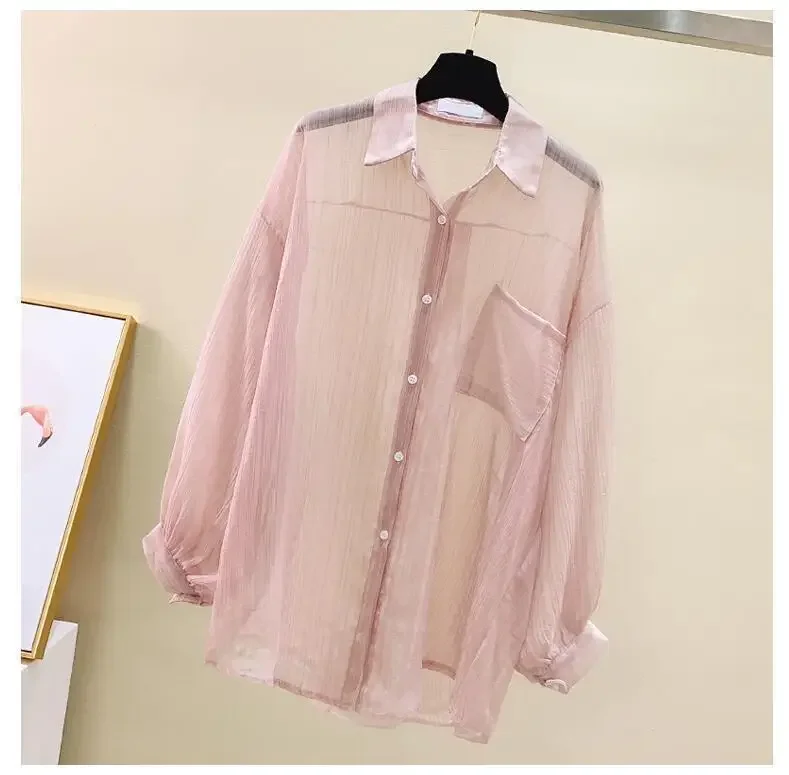 Women Elegant Long Sleeve Perspective Sheer Sunscreen Chiffon Blouse Korean Fashion Loose Shirt Women Summer Beach Cardigans