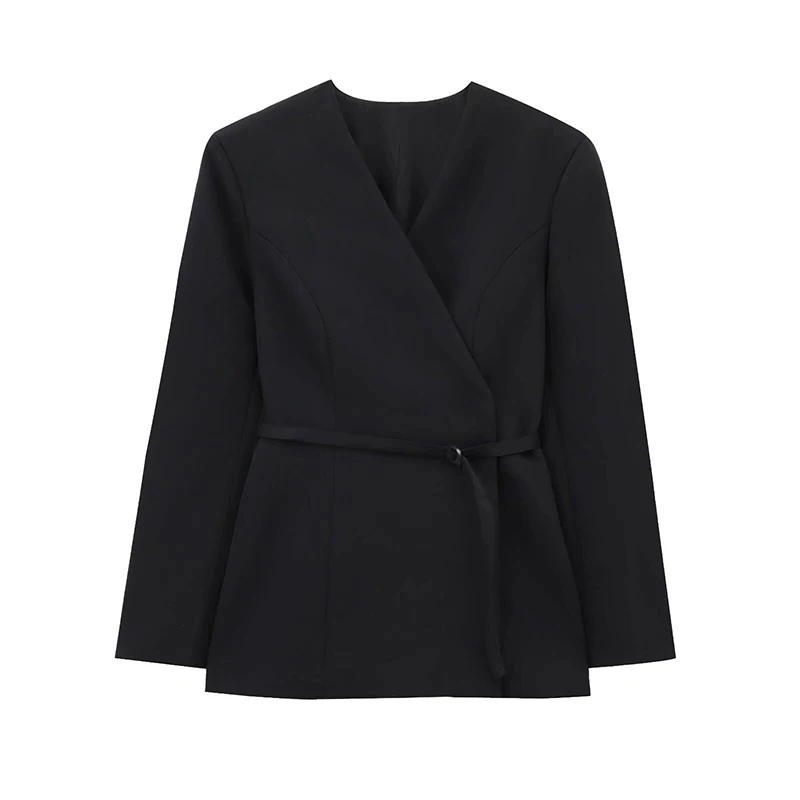 Slim Belt Blazer Coat For Women V Neck Buckle Long Sleeve Solid Suit Jacket 2025 Spring Lady Commute High Waisted Outwear New