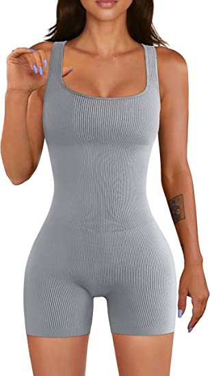 Women Yoga Jumpsuit Workout Ribbed Square Collar Sleeveless Sports Jumpsuit