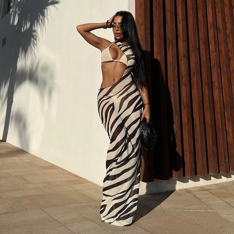 Bodycon Long Dresses For Women Beach Style Backless Vestidos De Mujer Hollow Out Sexy Robe Femme _t�� Y2k Clothes Zebra Print