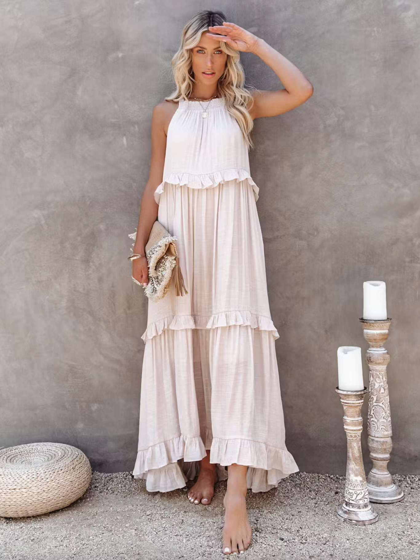 Boho Halter Neck Maxi Shift Dress for Women - Ruffle Tiered Flowy Sun Dress - Summer Beach Vacation 2026