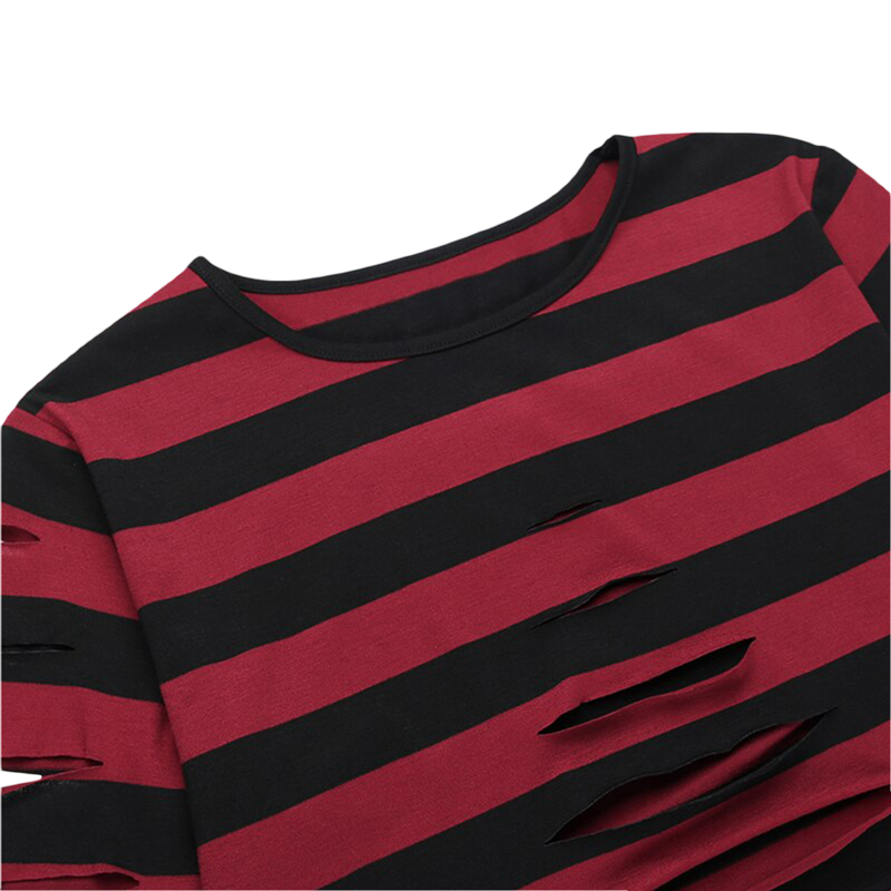 Cyber Punk y2k Top 2000s Women Striped Round Neck Long Sleeve T Shirt with Hole Gothic Clothes E Girl Tees Streetwear