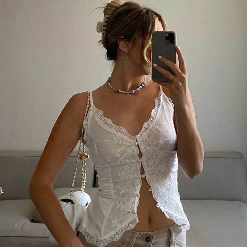 Lace Casual Female Camisole Y2k Top V-Neck High Waist Streetwear White Backless Patchwork See-Through Women Tank Top Vest