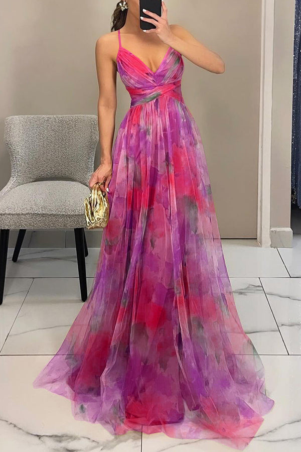 Ladies' summer princess chiffon printed hollow sexy waist and back lace up long dress