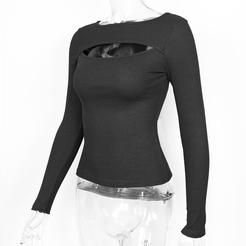 Women Clothing Autumn Winter Chest Hollow-out Long-Sleeved Top Sexy Stretch Rib T-shirt for Women