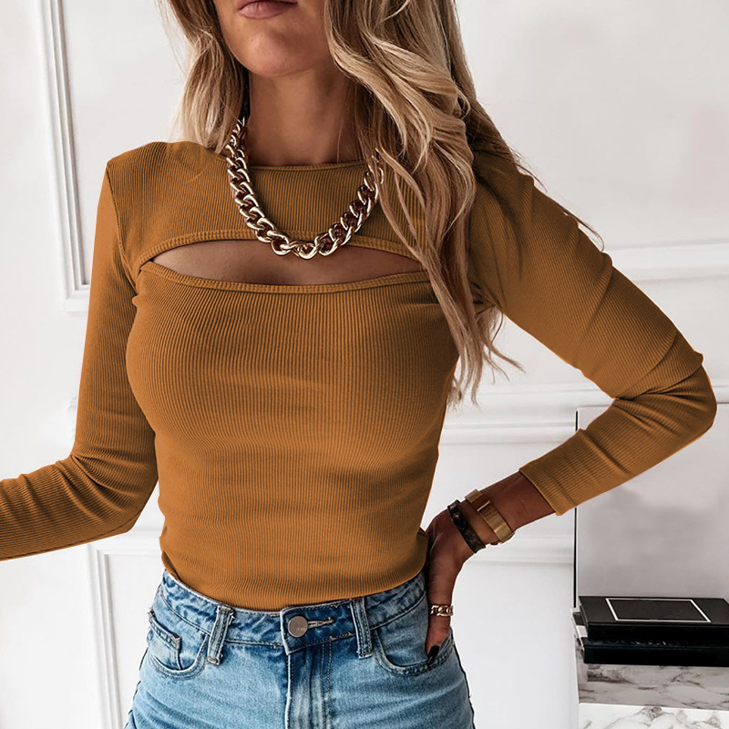 Women Clothing Autumn Winter Chest Hollow-out Long-Sleeved Top Sexy Stretch Rib T-shirt for Women
