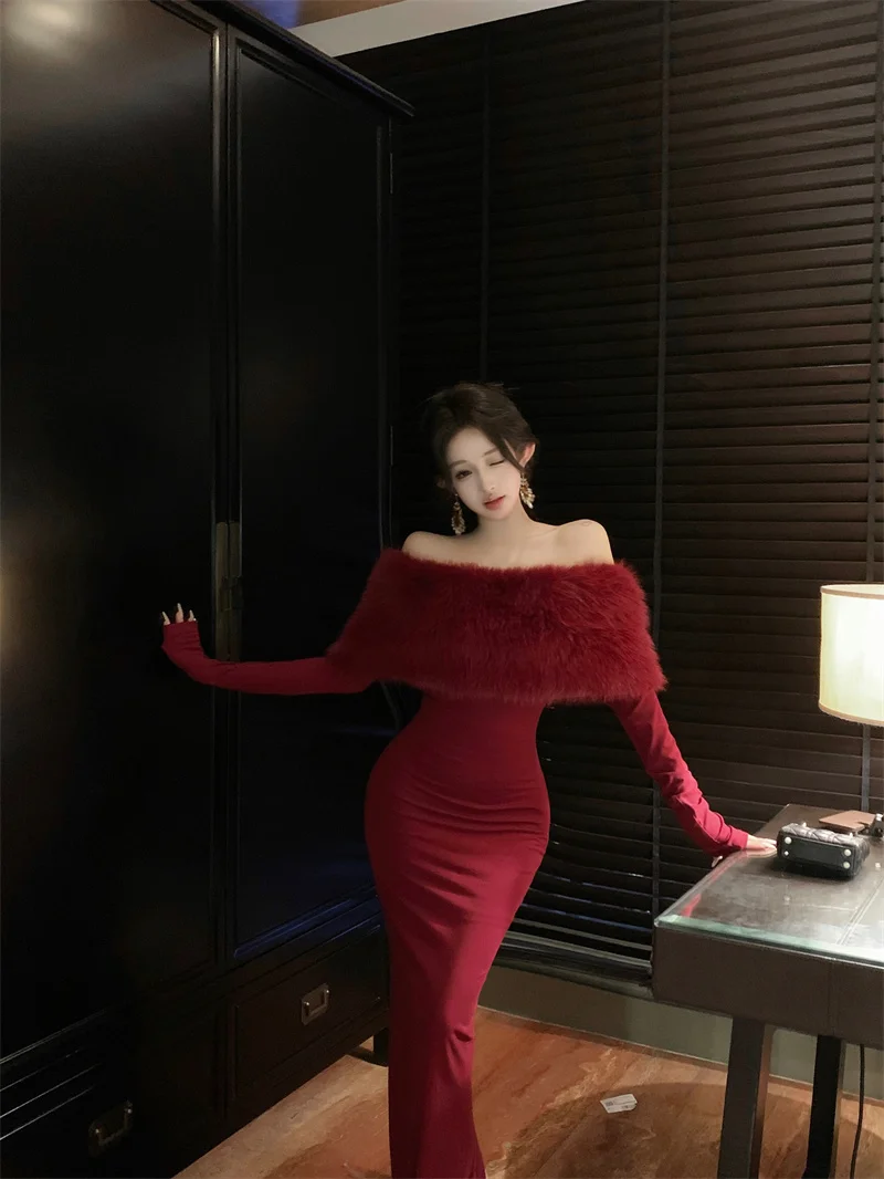 Fashion New Women Elegant Bodycon Midi Dress Long Sleeve Slim Solid Chic Vintage Christmas Party Prom Clothes Female Vestidos