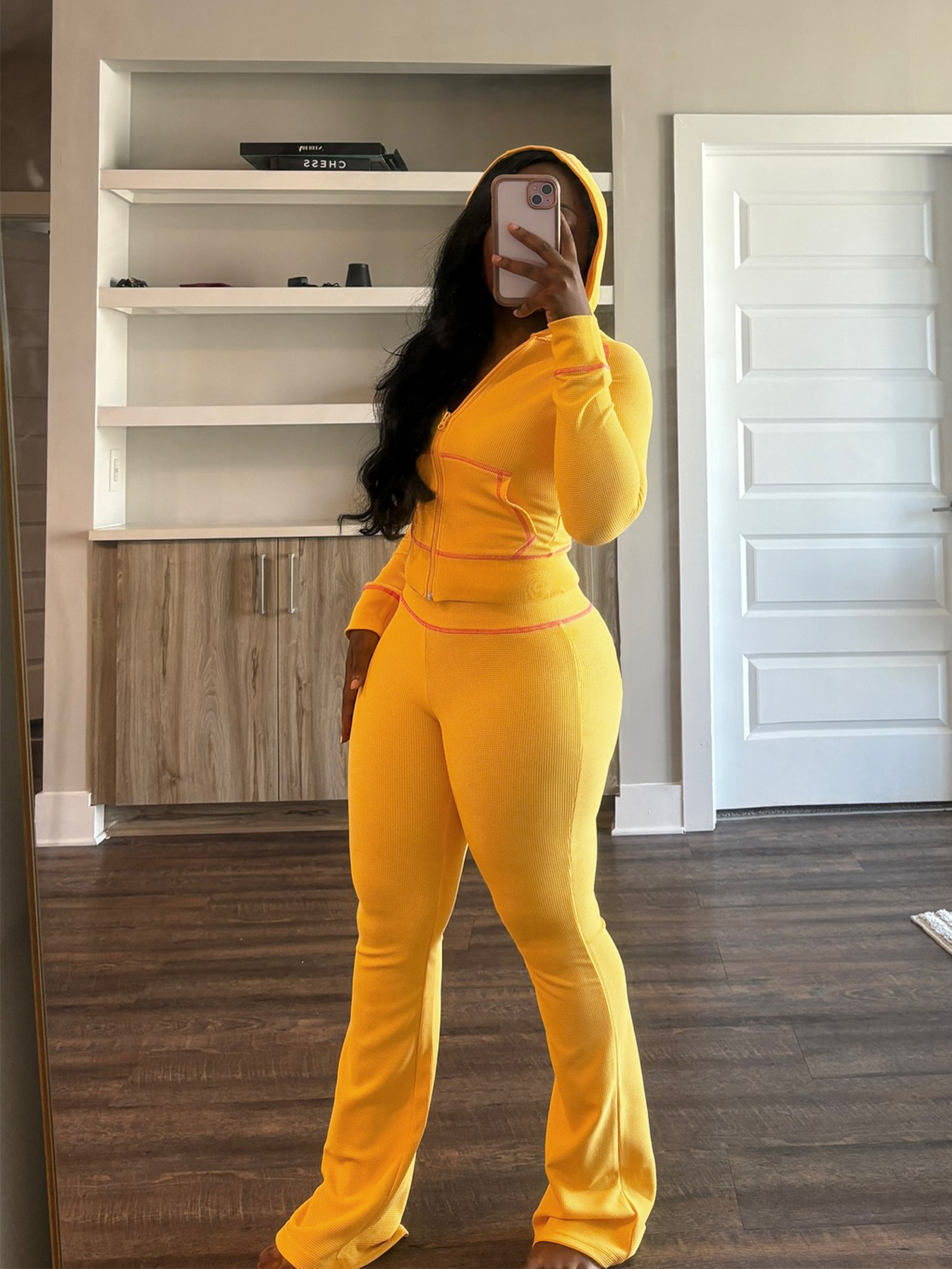 Women Waffle Texture Fabric With Shoulder Cuff Hat Micro Horn Casual Suit