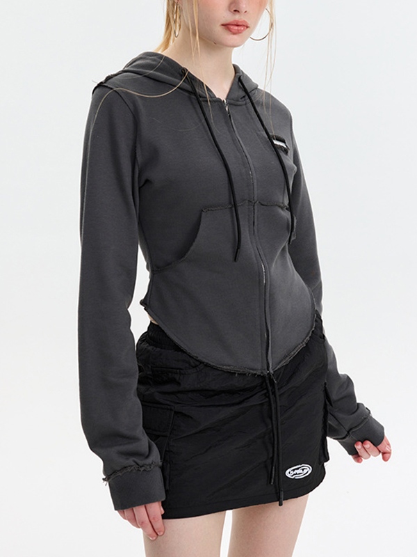 Solid Color Frayed Design Drawstring Long Sleeve Tee