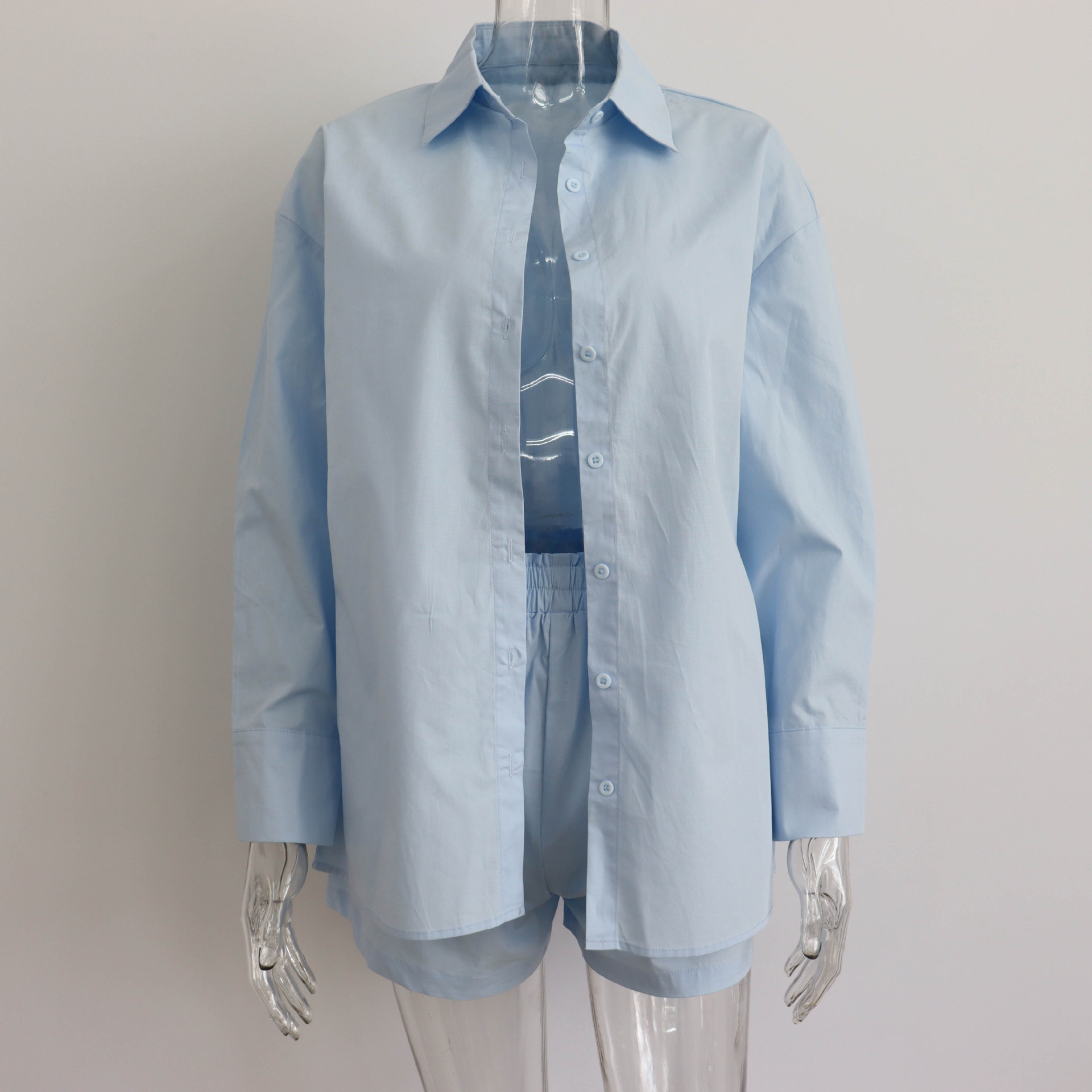 Spring Summer Two Piece Set Solid Color Single Breasted Long Sleeve Collared Shirt Shorts Loose Casual Set