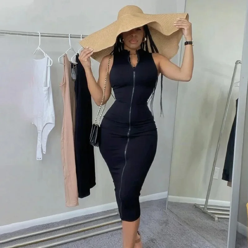 Sexi Night Dress Hot Club Outfits Women One Piece Aesthetic Clothes Sleeveless Bodycon Vestidos De Mujer Zipper Black Streetwear