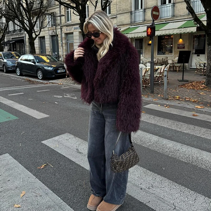 Winter Hot Trendy Iconic Blogger Fashion Burgundy Faux Fur Coat Women Overcoat Girls Shawl Collar Lamb Fur Jacket