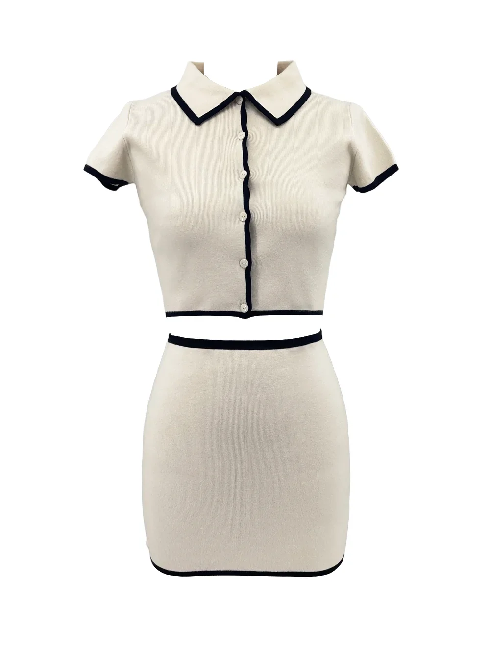 Contrast Color Knitted Mini Skirt Suit Women's Short Sleeve T-shirt Slim High Waisted Skirts Matching Sets Casual Fashion