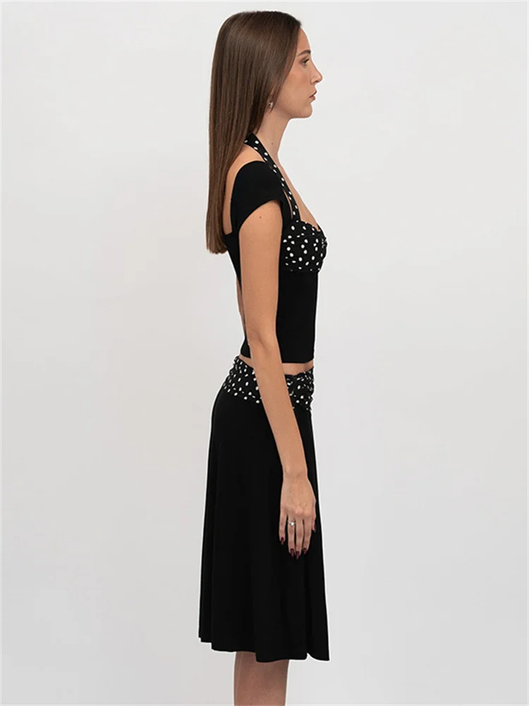 Patchwork Fashion 2 Piece-Set MIni Skirt For Women Lace-Up Contrast Backless Cropped Top And High Waist Skirt Sets Female