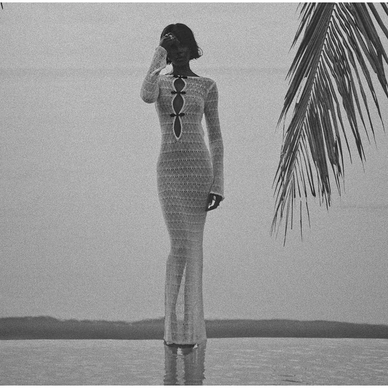 Sexy Hollow Out Knitted Maxi Dress Women Long Sleeve O-neck White Black Holiday Dresses Female 2025 Summer Lady Slim Fit Robes