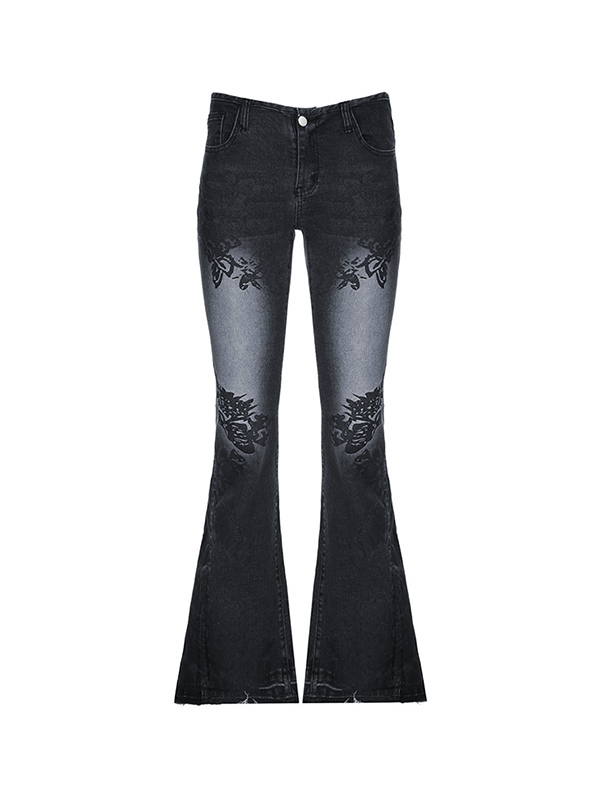 Vintage Plant Print Low Rise Flare Jeans