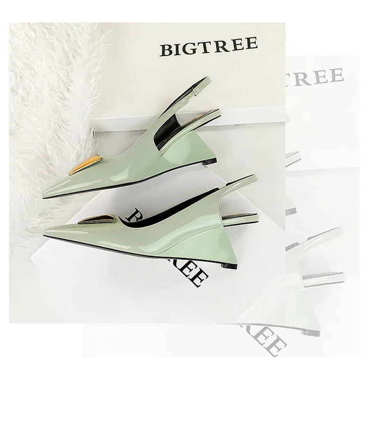 Patent Leather High Heels Wedges Shoes Lady Trendy Pumps Pointed Toe Hollow Back Strap 6.5 Cm Women Sandals White Heels Shoes