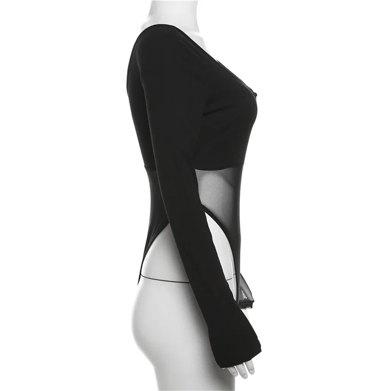 Black See Through Bodysuit Lingerie Sexy Long Sleeve Lenceria Femenina V-Neck One-Pieces Body Feminino Backless Tops For Women