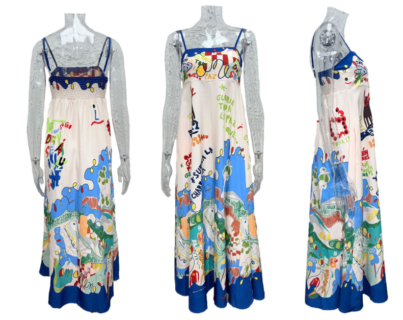 Sexy Sling Graffiti Cotton Linen Printed Large Swing Dress Women