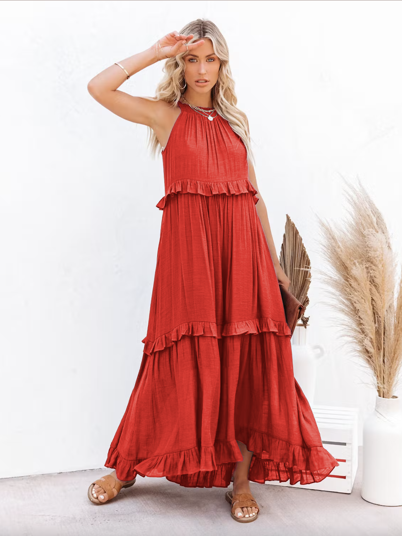 Boho Halter Neck Maxi Shift Dress for Women - Ruffle Tiered Flowy Sun Dress - Summer Beach Vacation 2026