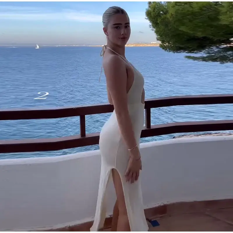 Women Knit Halter Maxi Dress Backless Lace Up V Neck Cutout Bodycon Long Dresses 2025 Summer Vacation Party Holiday Robes New