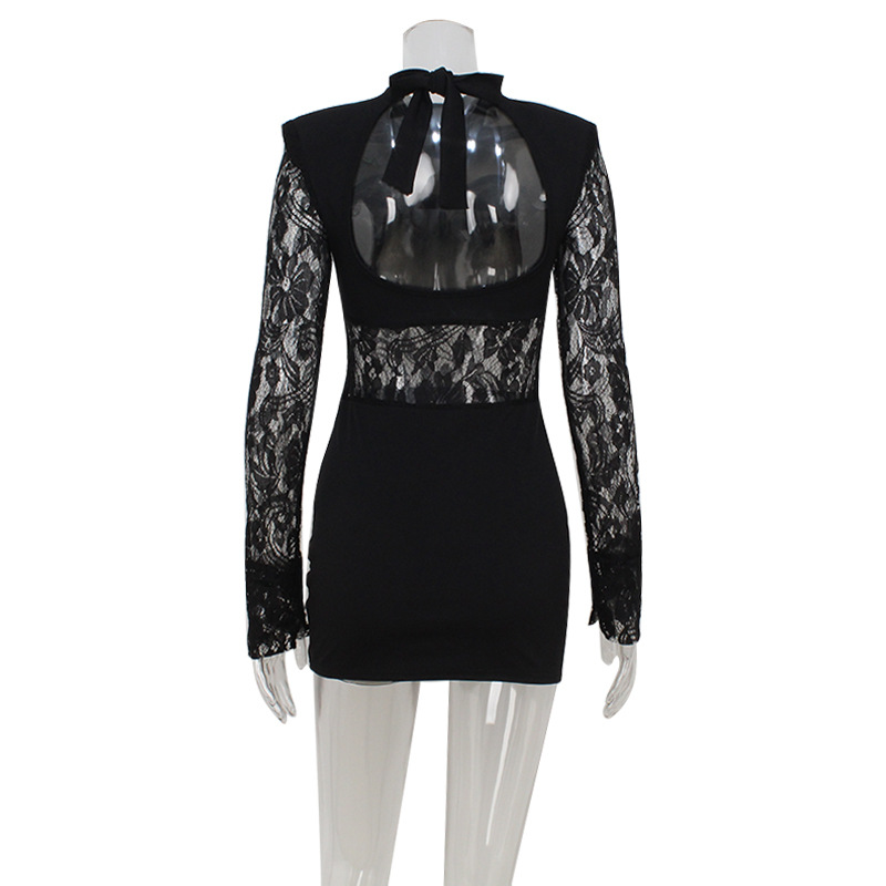 Dress Elegant Cushion Hollow Out Cutout Shoulder Lace Stitching Minority Spring Autumn Sexy Short Dress