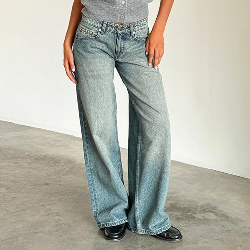 Women Y2K Aesthetic Low Rise Baggy Jeans Loose Fit Boyfriend Straight Wide Leg Jeans Trendy Stretch Long Denim Pants Trousers