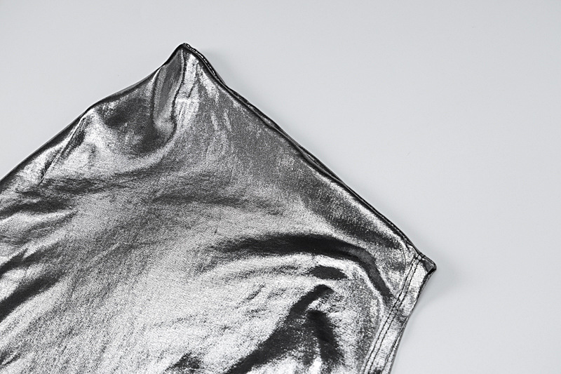 Metallic Coated Fabric Women Clothing Autumn Sexy Slim Solid Color Shoulder Sleeveless Sheath Dress