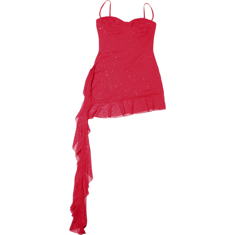 Spring Women Sexy Mesh Irregular Asymmetric Ribbon Slim Fit Backless Sling Dress