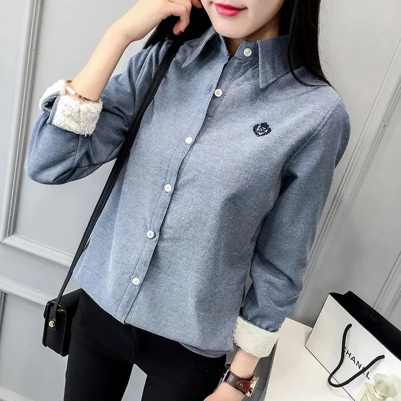 Very Thick Women Winter Style Blouses Shirts Lady Casual Long Sleeve Turn-down Collar Velvet Blusas Tops DF3161