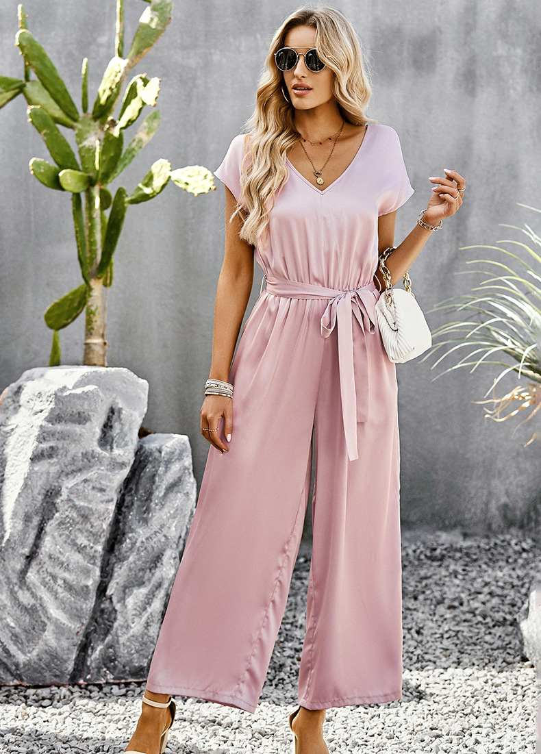Solid Color Jumpsuit Women Summer Office Loose Fitting Wide Leg Trousers