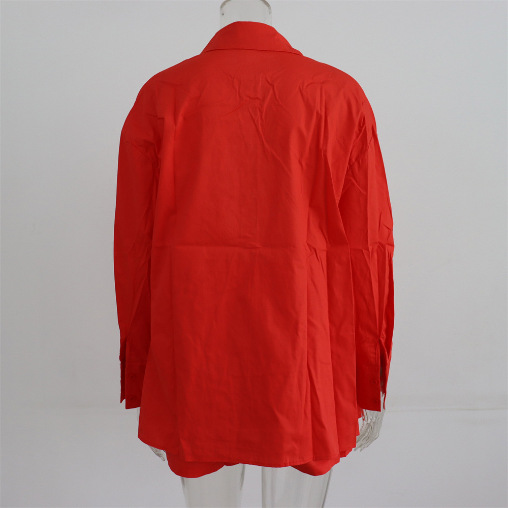 Spring Summer Two Piece Set Solid Color Single Breasted Long Sleeve Collared Shirt Shorts Loose Casual Set
