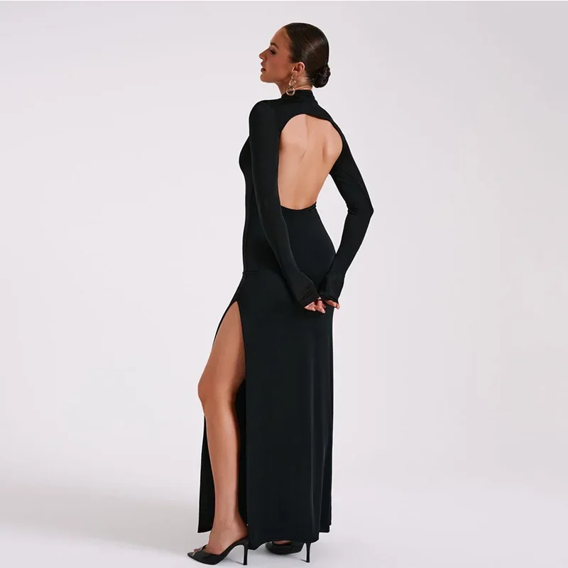 Side Slit Back Dress Women Sexy Backless Temperament Long Sleeve Dresses Lady Party Elegant Bodycon Evening Dress Woman