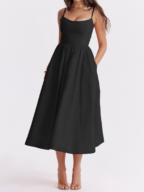 Solid Backless Cami A-line Midi Dress