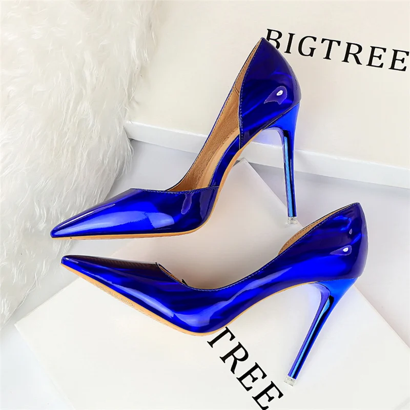 Women 10.5cm High Heels Blue Green Valentine Pumps Luxury Glossy Stripper Stiletto Wedding Bridal Fetish Shoes Plus Size 43