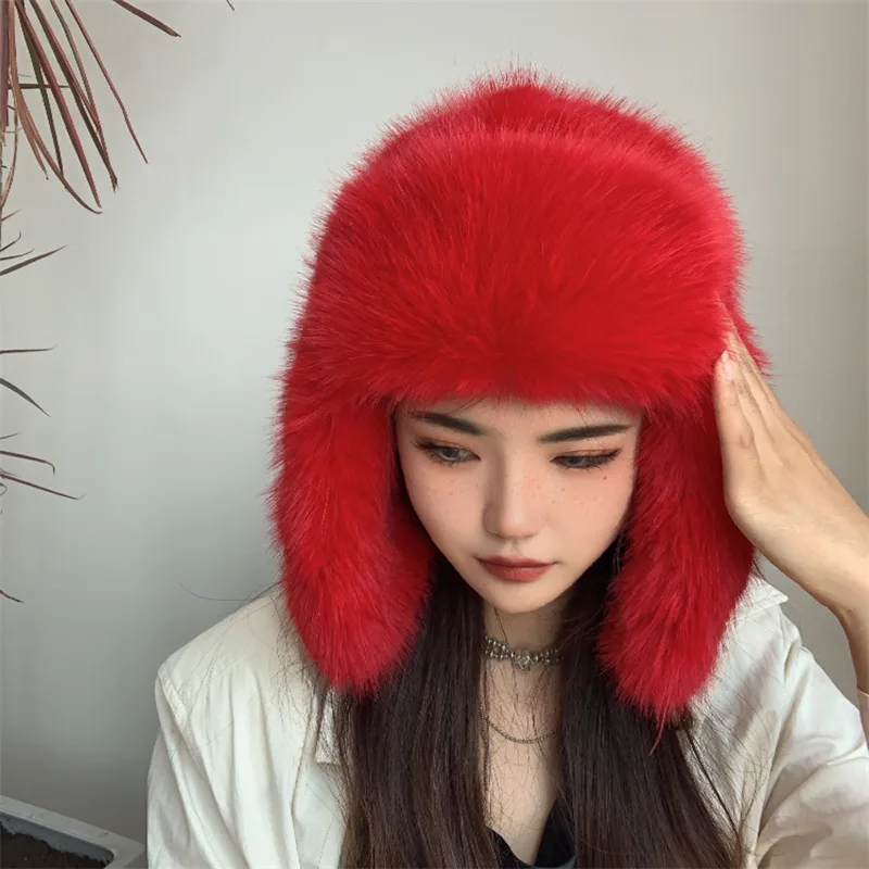 Winter Women Fluffy Furry Faux Fox Fur Bomber Hats Flaps Luxury Vintage Y2k Girls Warm Earflap Snow Ski Hat Caps Russian