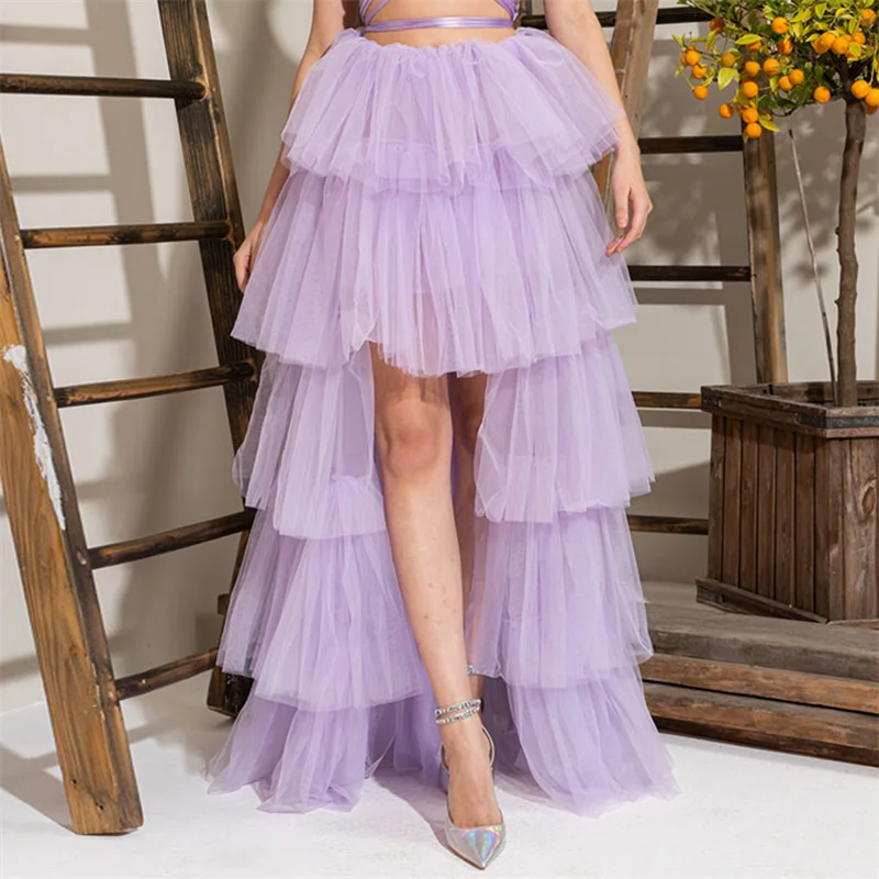 Tulle Skirts Women y2k Solid Color Elastic High Waist Asymmetrical Hem Long Skirts Summer Evening Party Skirt Clubwear