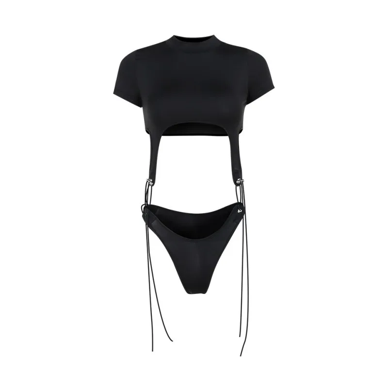 Short Sleeve Bodysuit, Mock Neck Women Y2k Clothes, Hollow Out One-Piece Body Feminino, Lace Up Club Outfits, Sexy Lingerie