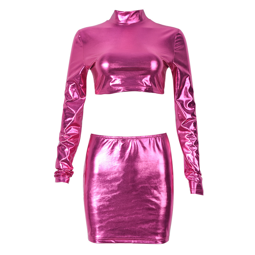 Metallic Coated Fabric Women Clothing Glossy Sexy Bare Cropped Slim Fit Hip Skirt Set