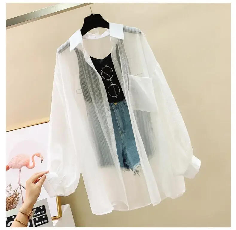 Women Elegant Long Sleeve Perspective Sheer Sunscreen Chiffon Blouse Korean Fashion Loose Shirt Women Summer Beach Cardigans