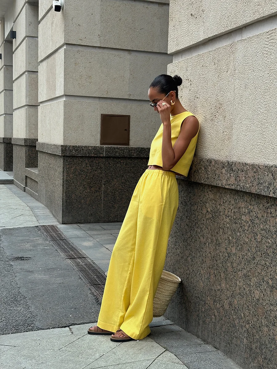 Summer Fashion 2 Piece-Set Women's Pants Sleeveless Cropped Vest Top And Wide Leg Trousers Sets Female Outfits Trousers