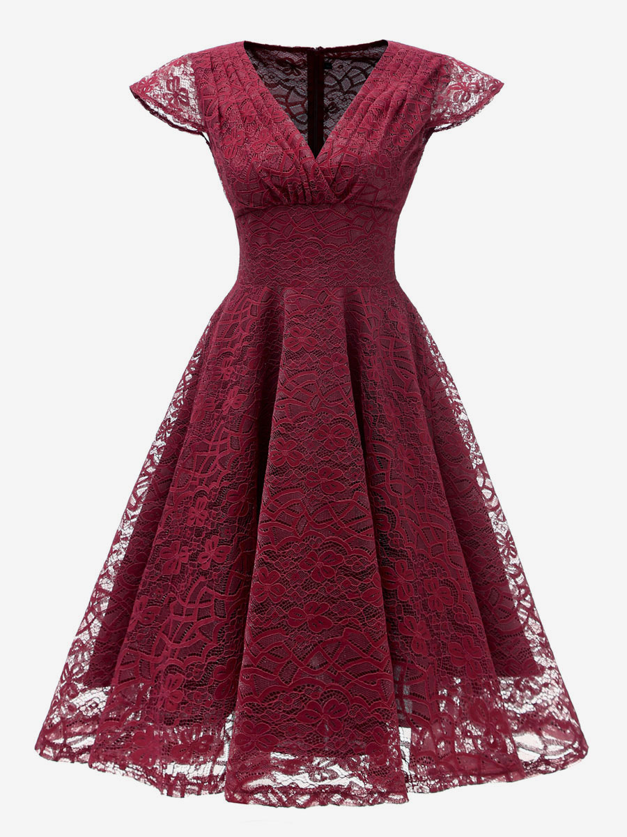 Vintage 1950s Midi Lace Dress for Women - V Neck Cap Sleeve A-line Cocktail Prom Gown - Wedding Guest Wear 2026